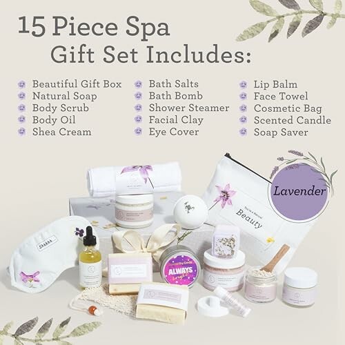 15 piece spa gift set with various beauty products and lavender theme.