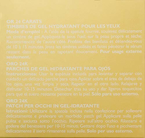 Instructions for using 24K gold eye patches in multiple languages.