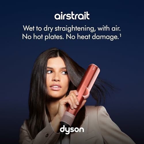 Woman using Dyson Airstrait hair straightener.