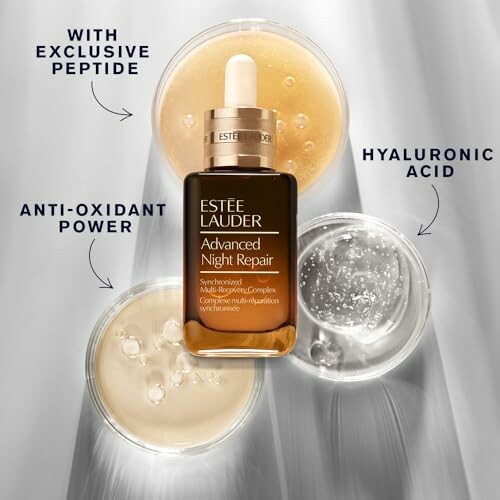 Estee Lauder Advanced Night Repair serum with ingredients like exclusive peptide, antioxidant power, and hyaluronic acid.