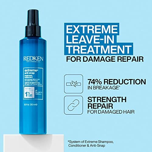 Redken Extreme Leave-In Treatment for damage repair with blue bottle and text highlighting 74% reduction in breakage and strength repair.