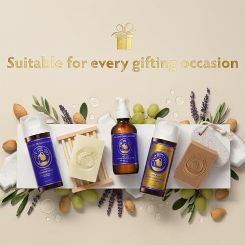 Natural skincare gift set with soaps and oils, suitable for gifting occasions.