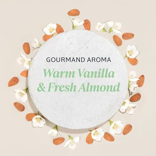 Gourmand aroma with warm vanilla and fresh almond surrounded by flowers and almonds.