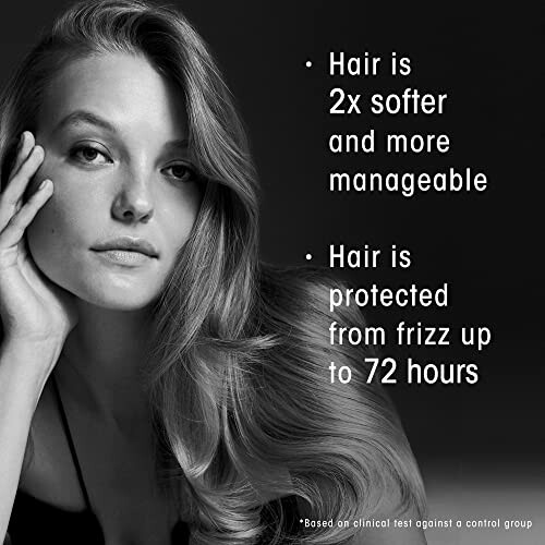 Woman with soft, manageable hair and text about frizz protection.