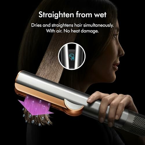 Woman using a hair tool to straighten and dry hair simultaneously.