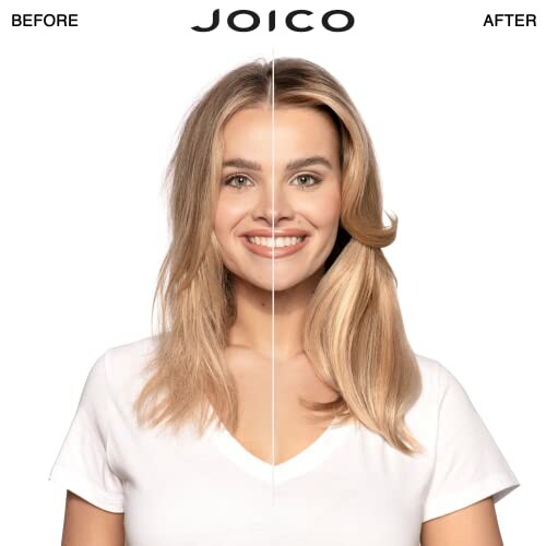 Before and after comparison of Joico hair product use on a woman's hair.