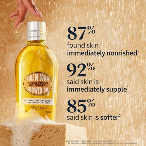 L'Occitane Almond Shower Oil with benefits percentages.