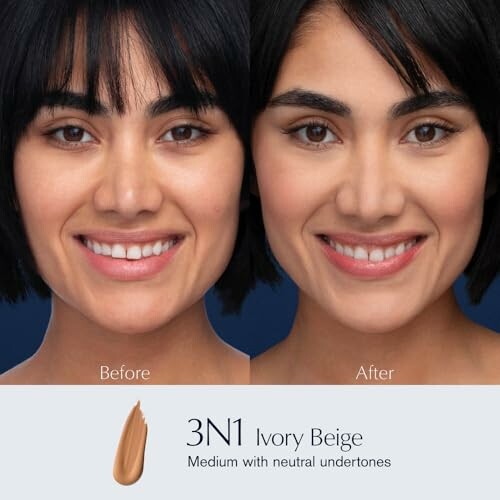 Before and after makeup in 3N1 Ivory Beige shade.