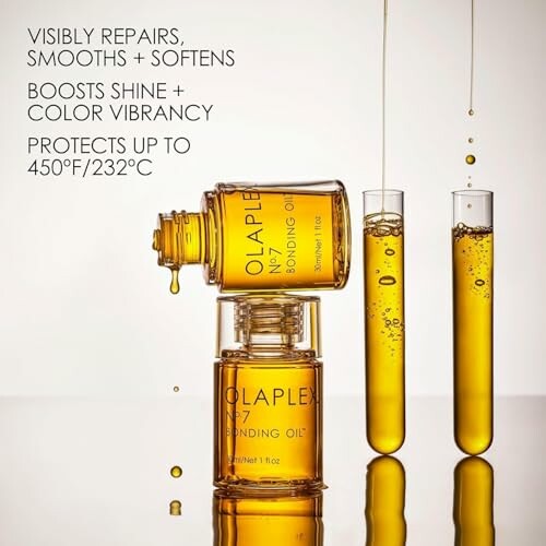 Olaplex No. 7 Bonding Oil with test tubes showing oil droplets.