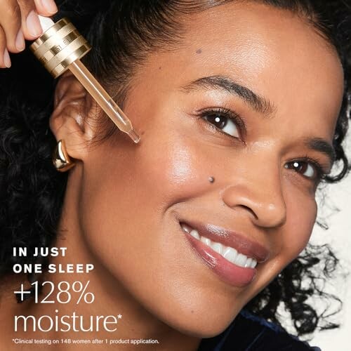 Woman applying serum to face with dropper, highlighting moisture benefits.