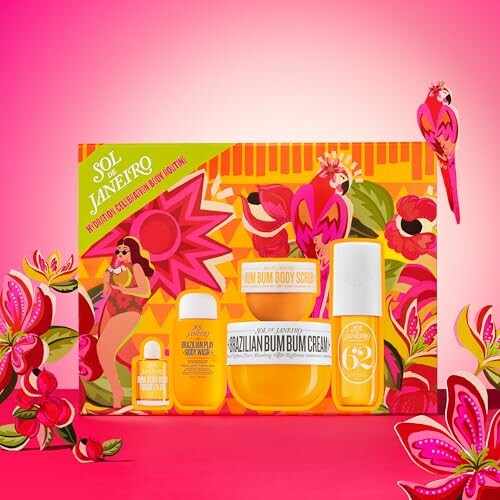 Colorful Sol de Janeiro gift set with body care products.