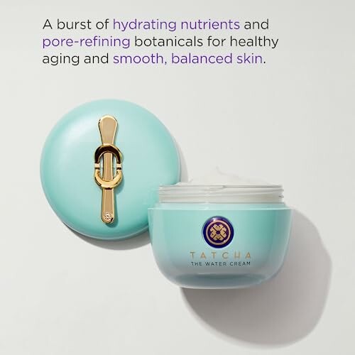 Tatcha Water Cream with open lid and text about hydrating nutrients and balanced skin.