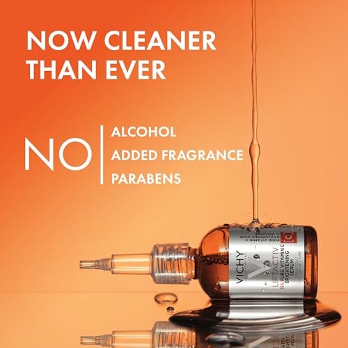 Vichy serum bottle with text 'Now Cleaner Than Ever' and 'No Alcohol, Added Fragrance, Parabens'.