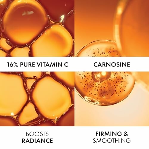 Close-up of vitamin C and carnosine serum with text highlighting benefits.