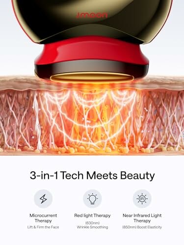 3-in-1 beauty tech device illustration with microcurrent, red light, and near infrared light therapies