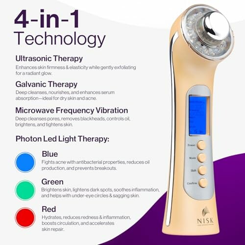 4-in-1 skin therapy device with ultrasonic, galvanic, microwave vibration, and photon LED light therapy.