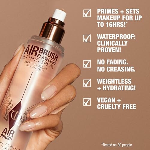 Airbrush Flawless Setting Spray bottle with benefits listed: primes, waterproof, no fading, weightless, vegan.