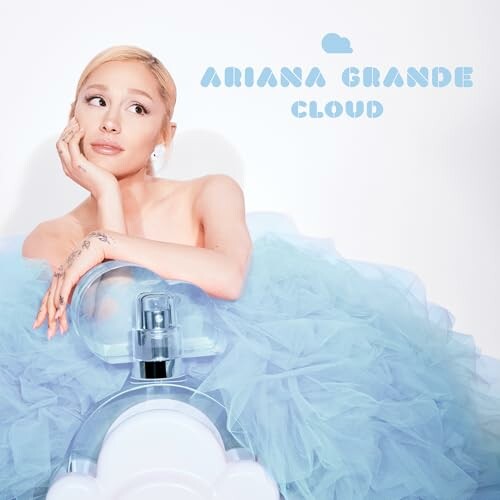 Ariana Grande Cloud perfume advertisement with woman in blue tulle.