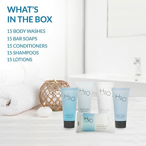 Bathroom toiletries set with H2O brand products.