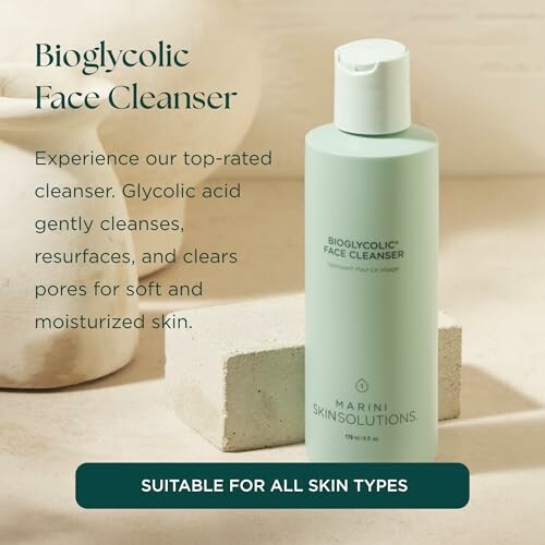 Bioglycolic Face Cleanser product with description and suitability for all skin types.