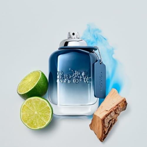 Blue perfume bottle with lime and wood accent