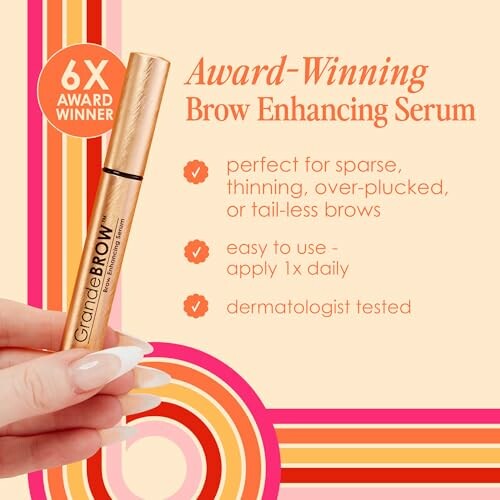 Award-winning brow enhancing serum advertisement with product details.