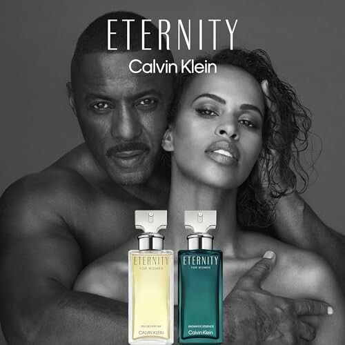 Calvin Klein Eternity fragrance ad with two people and perfume bottles.