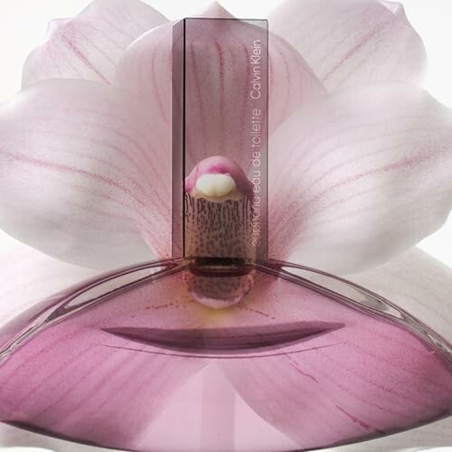 Calvin Klein perfume bottle with pink flower background