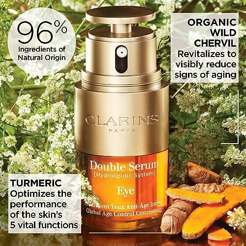 Clarins Double Serum Eye with turmeric and chervil, 96% natural origin ingredients.