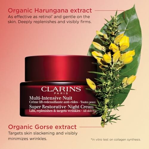 Clarins Super Restorative Night Cream with organic Harungana and Gorse extracts.