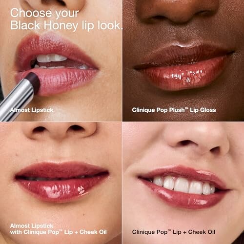 Collage of lips with different Clinique Black Honey lip products.
