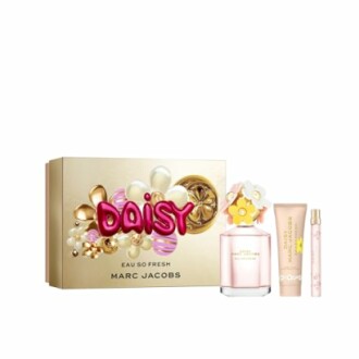Daisy Marc Jacobs Eau So Fresh perfume gift set with box, bottle, lotion, and rollerball.