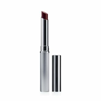Dark red lipstick in a sleek silver tube.