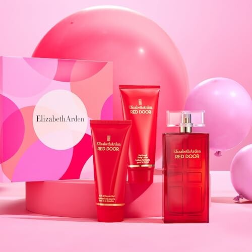 Elizabeth Arden Red Door fragrance and body care set with pink balloons.
