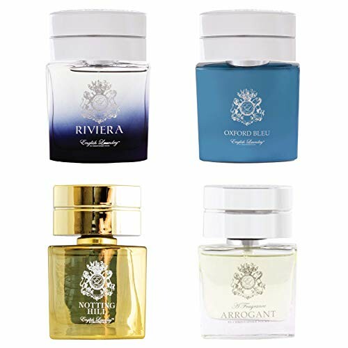 Four bottles of English Laundry cologne: Riviera, Oxford Bleu, Notting Hill, Arrogant.