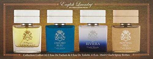 English Laundry fragrance collection with four bottles: Arrogant, Oxford Bleu, Riviera, Notting Hill.