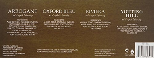 English Laundry fragrance collection packaging with ingredients listed for Arrogant, Oxford Bleu, Riviera, and Notting Hill scents.