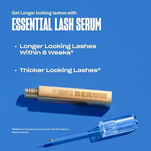 Advertisement for Essential Lash Serum promising longer and thicker lashes.