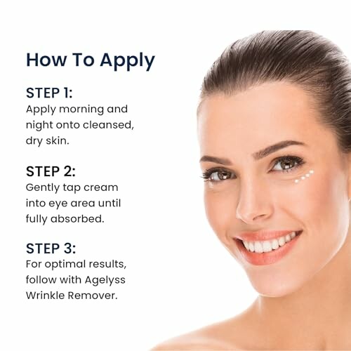 Steps for applying eye cream with smiling woman.