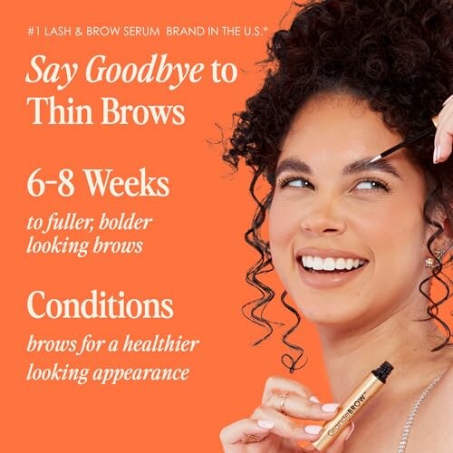 Woman applying brow serum with text promoting fuller brows in 6-8 weeks.