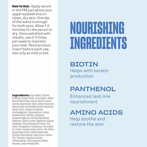 Instructions and ingredients for nourishing eyelash serum.