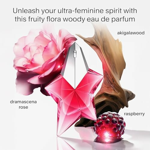 Perfume bottle with rose, wood, and raspberry elements.