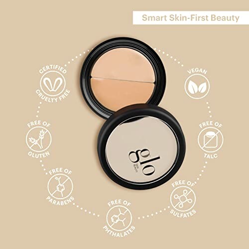 Glo Skin Beauty concealer with certification icons for cruelty-free, vegan, and free of gluten, parabens, phthalates, sulfates, talc.