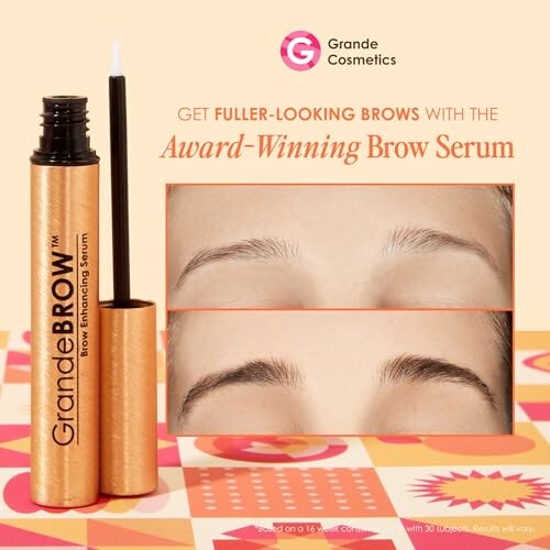 GrandeBROW serum advertisement with before and after eyebrow images.