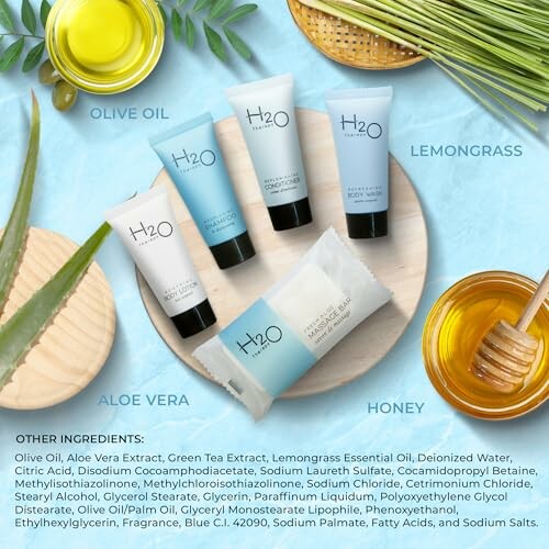 H2O skincare products with natural ingredients like olive oil, lemongrass, aloe vera, and honey.
