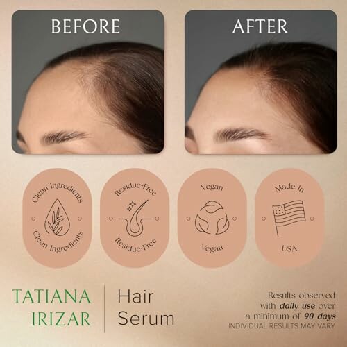 Before and after photos of hair serum results with product features.