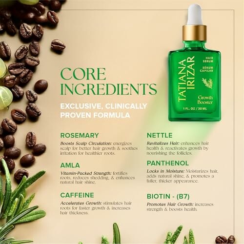 Tatiana Irizar hair serum core ingredients with coffee beans and green bottle.