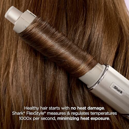 Hair styler curling brown hair with text about minimizing heat damage.