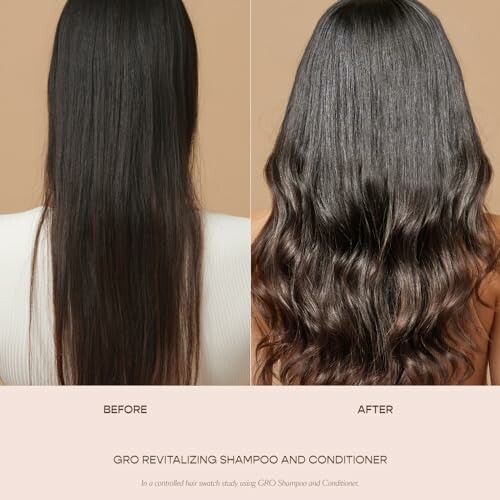 Comparison of hair before and after using GRO revitalizing shampoo and conditioner.