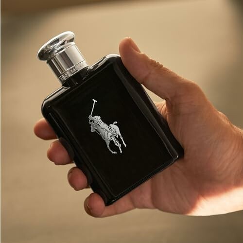 Hand holding a bottle of Polo Black perfume.